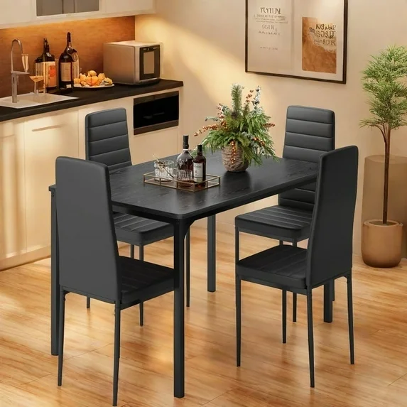 Lofka Wooden Kitchen Table and Chairs Set for 4, 47 Inch Dining Room Set for 4 with PU Leather High Back Support Chairs for Small Spaces